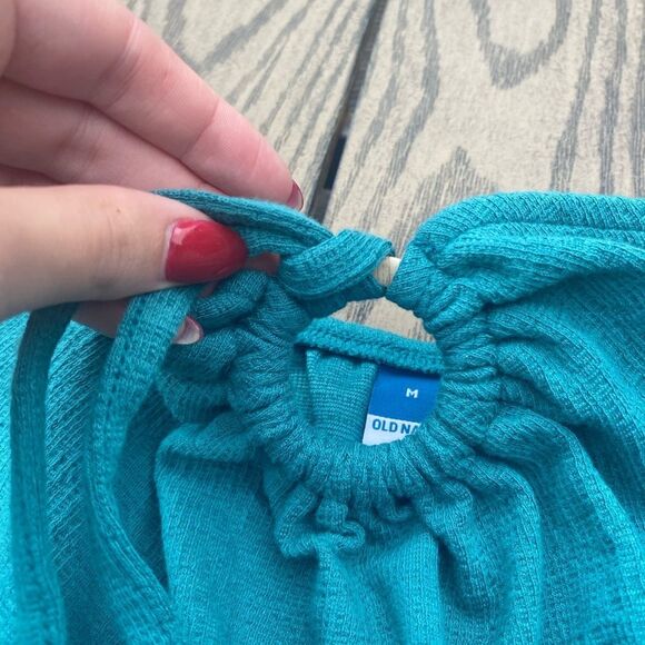NWT Old Navy Textured O-Ring Halter Romper Size m teal aqua strapless keyhole - Picture 6 of 8
